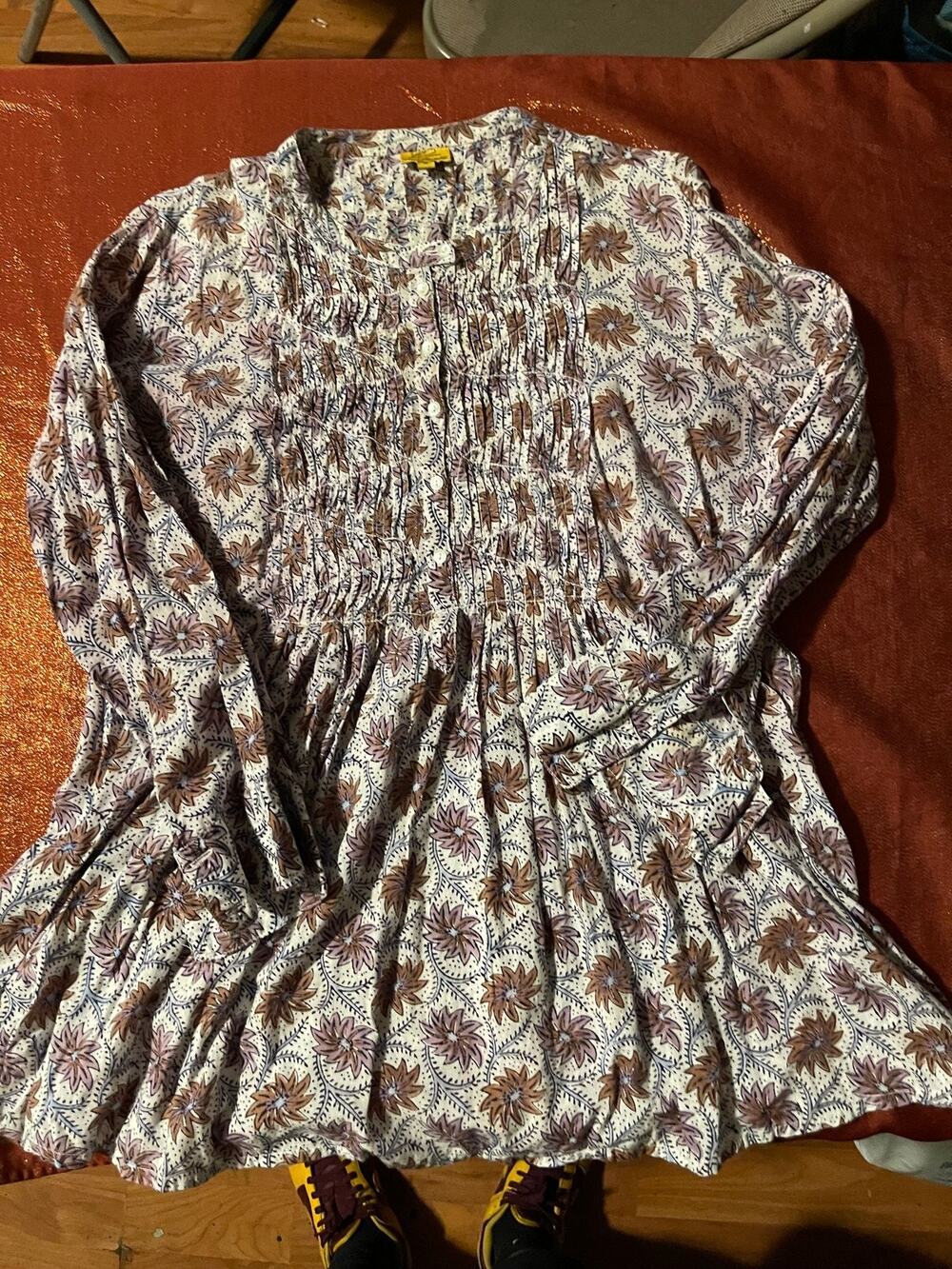 Roberta Roller Rabbit Tunic Womens S Smocked Long Sleeve Floral Top Ivory Boho